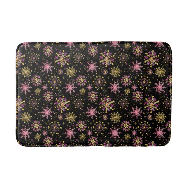 Gold and Black Winter Snowflakes Bath Mat (Front)