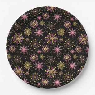 Gold and Black Winter Snowflakes Paper Plate