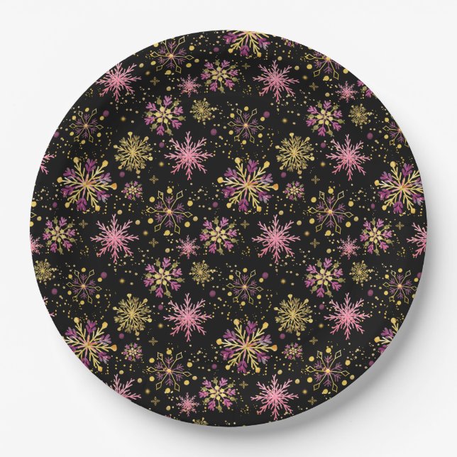 Gold and Black Winter Snowflakes Paper Plate (Front)