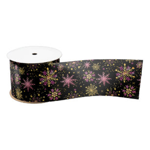 Gold and Black Winter Snowflakes Pattern Satin Ribbon