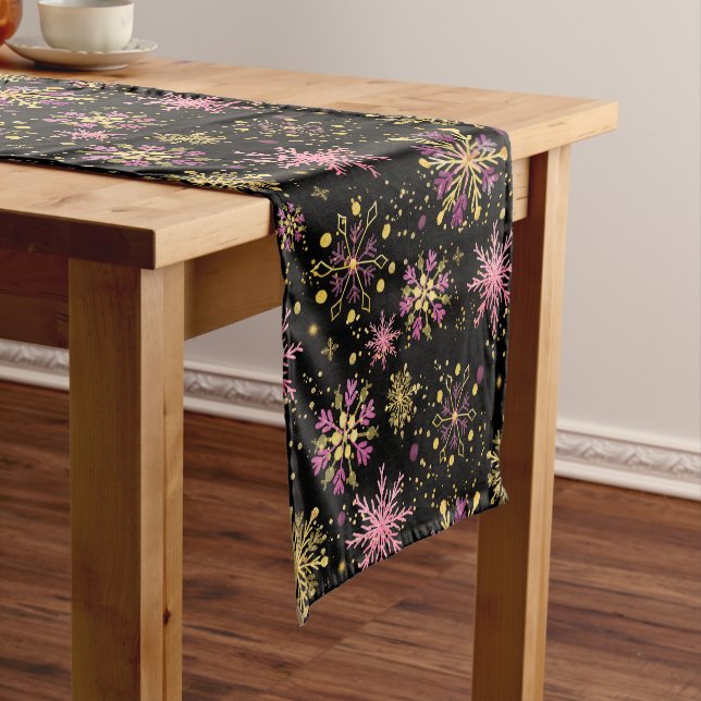 Gold and Black Winter Snowflakes Short Table Runner (In Situ)