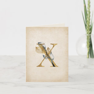 Gold and Black X  Monogram With Leaves Note Card