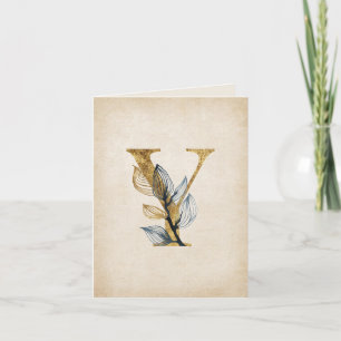Gold and Black Y Monogram With Leaves Note Card
