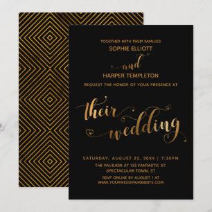 Gold and BlackTheir Wedding Typography w/ Hearts Invitation