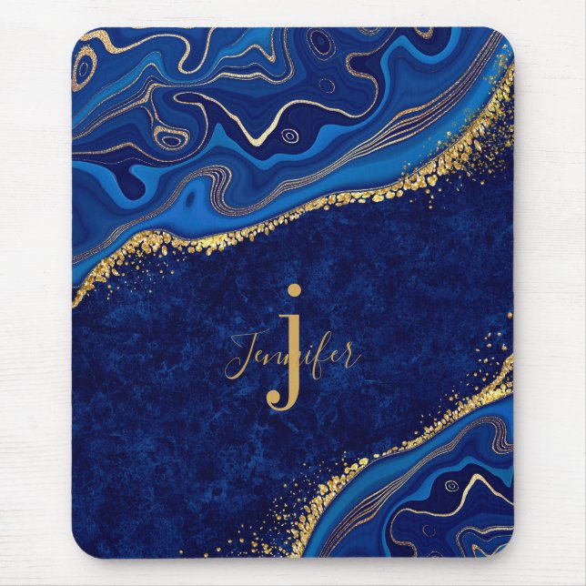 Gold and Blue Agate Modern Elegant Marble Custom  Mouse Pad (Front)