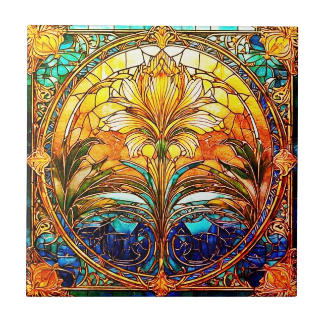 Gold and Blue Art Deco Nouveau Ceramic Tile (Front)