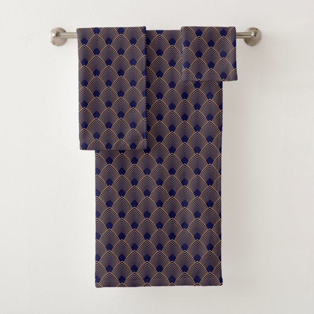 Gold and Blue Art Deco Pattern Bath  Bath Towel Set (Insitu)