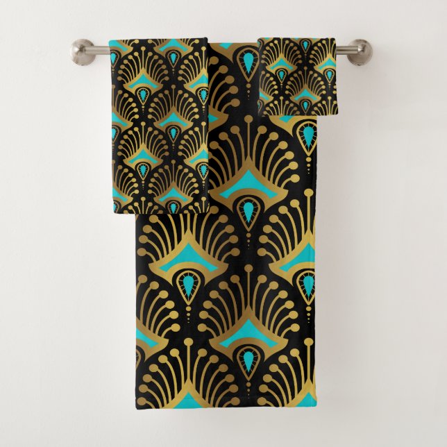 Gold and blue Art Deco pattern on black Bath Towel Set (Insitu)
