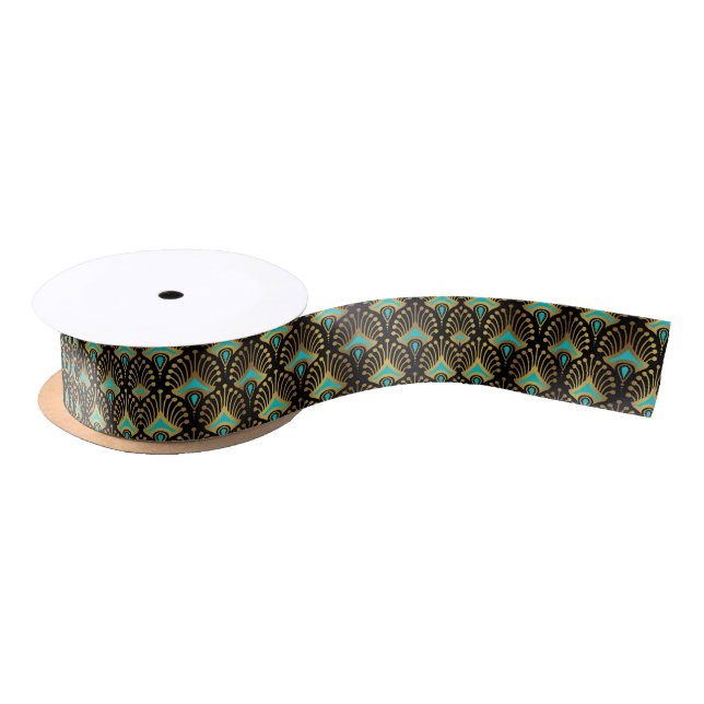 Gold and blue Art Deco pattern on black Satin Ribbon (Spool)
