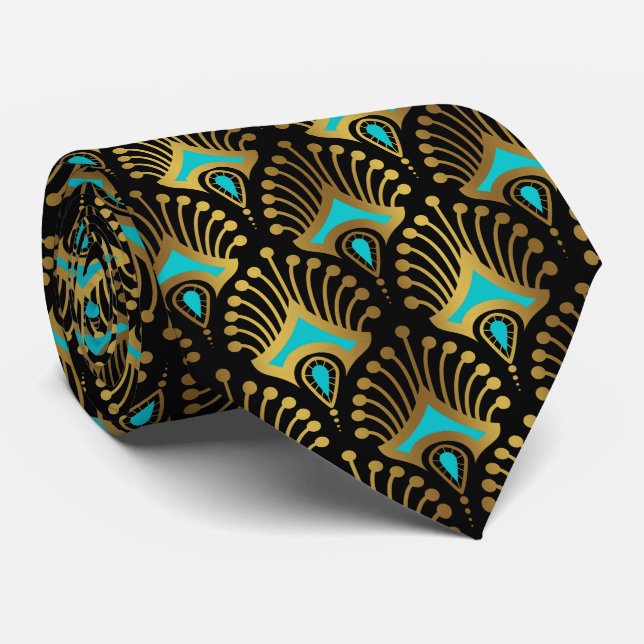 Gold and blue Art Deco pattern on black Tie (Rolled)