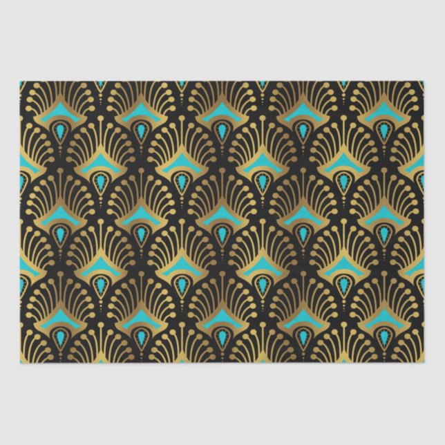 Gold and blue Art Deco pattern on black Tissue Paper (Front)