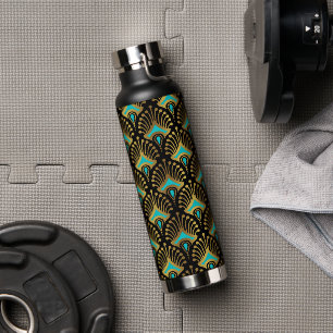 Gold and blue Art Deco pattern on black Water Bottle