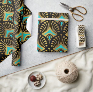 Gold and blue Art Deco pattern on black Wrapping Paper