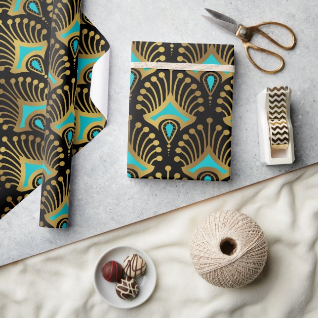 Gold and blue Art Deco pattern on black Wrapping Paper (Crafts)