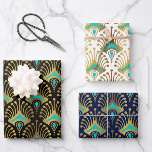 Gold and blue Art Deco pattern on black Wrapping Paper Sheet