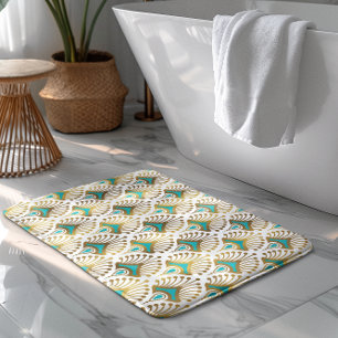 Gold and blue Art Deco pattern on white Bath Mat