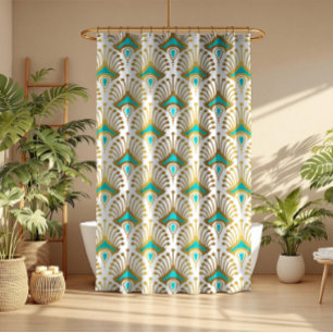 Gold and blue Art Deco pattern on White Shower Curtain
