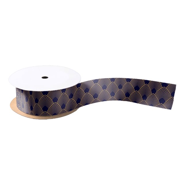 Gold and Blue Art Deco Pattern Satin Ribbon (Spool)
