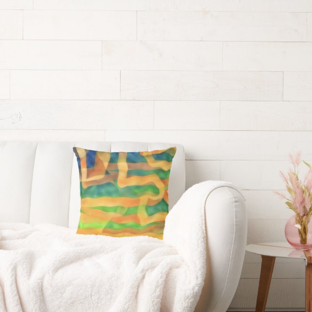 Gold and Blue Artsy Abstract Throw Pillow (Couch)