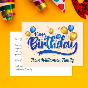 Gold and blue balloon, happy birthday card