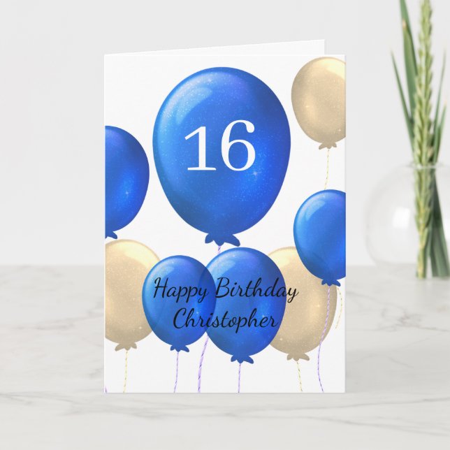 Gold and Blue Balloons 16th Birthday Card (Front)