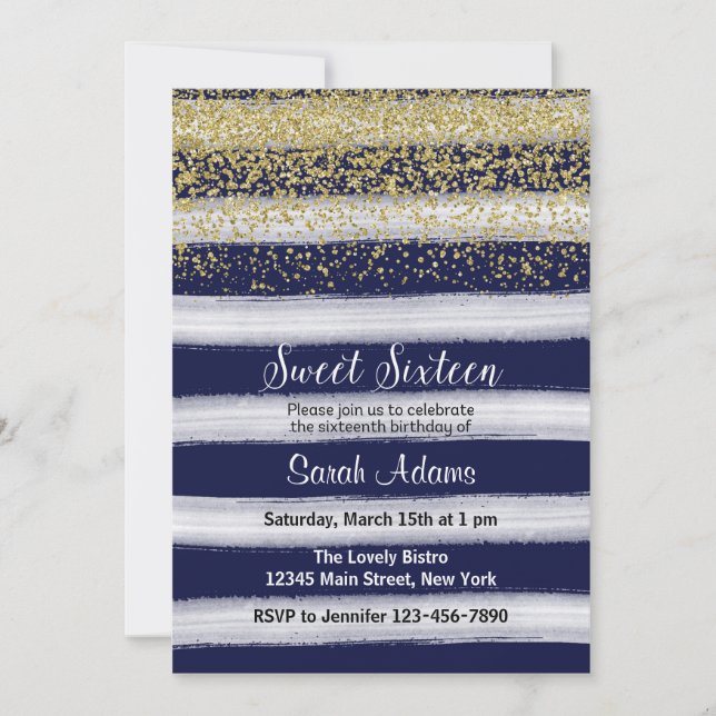 Gold and Blue Birthday Invitation (Front)