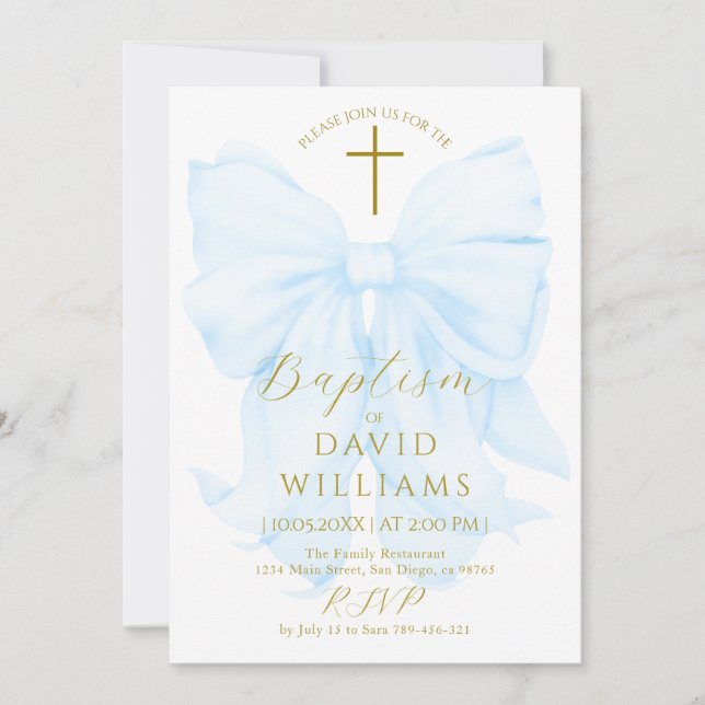 Gold and Blue Bow Boy Baptism Elegant Digital Invitation (Front)