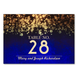 Gold and Blue Chic String lights Wedding Table Number
