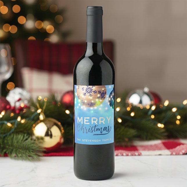 Gold and Blue Christmas Baubles String Lights  Wine Label (Creator Uploaded)