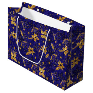 Gold and Blue Christmas Poinsettia Flowers Large Gift Bag