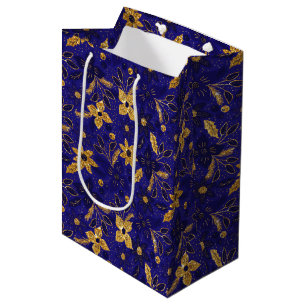 Gold and Blue Christmas Poinsettia Flowers Medium Gift Bag