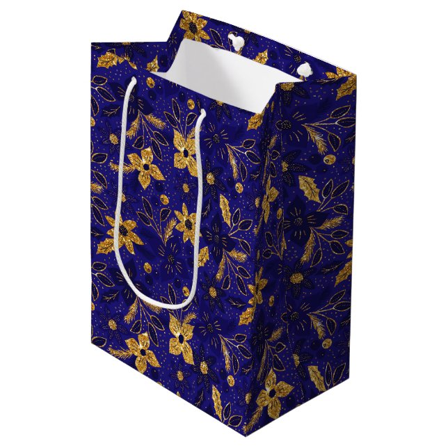 Gold and Blue Christmas Poinsettia Flowers Medium Gift Bag (Front Angled)