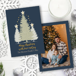 Gold and Blue Christmas Trees and Stars Photo Holiday Card