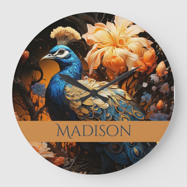 Gold and Blue Custom Name Pretty Peacock Large Clock (Front)