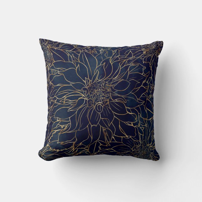 Gold and Blue Dahlia Flower Cushion (Front)