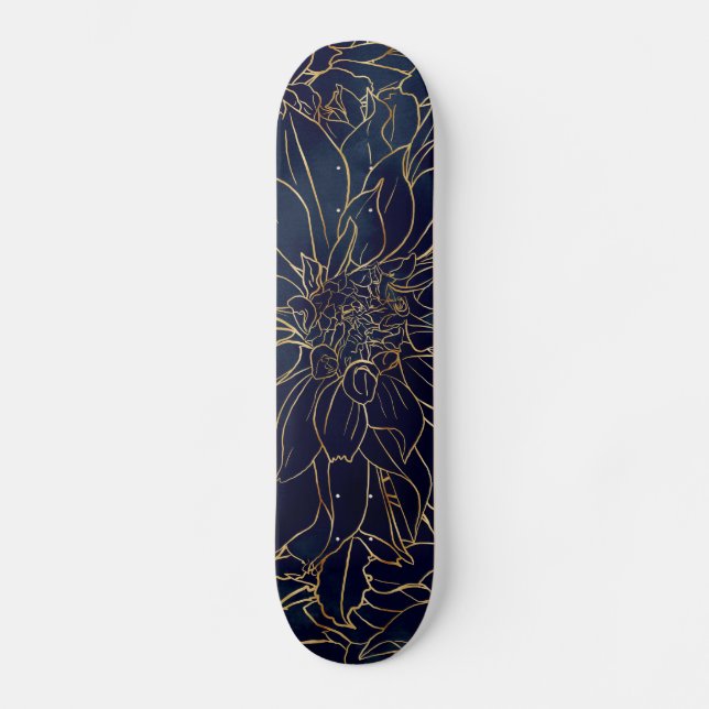 Gold and Blue Dahlia Flower Skateboard (Front)