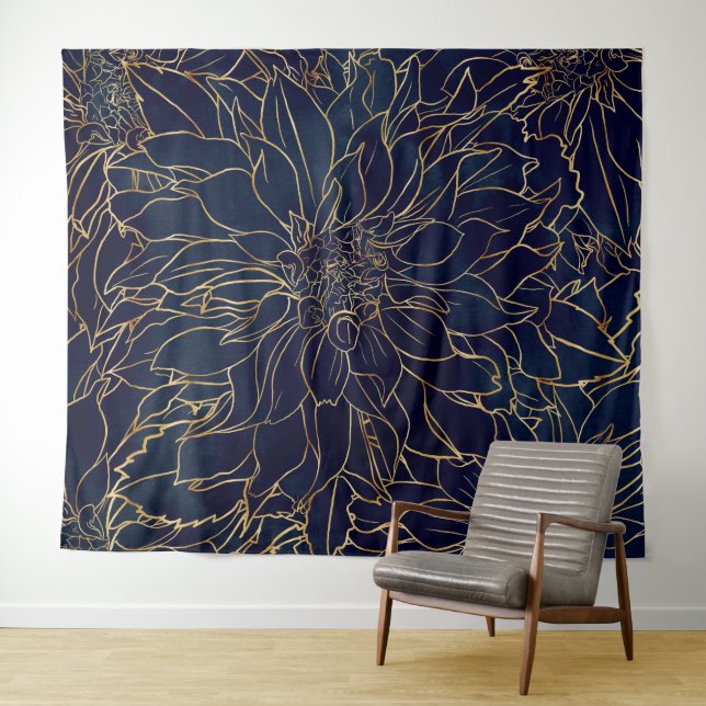 Gold and Blue Dahlia Flower Tapestry (In Situ (Horizontal))