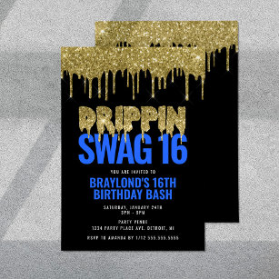 Gold and Blue Drippin Swag 16 Birthday  Invitation