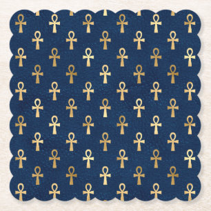 Gold and Blue Egyptian Ankh Pattern Paper Coaster