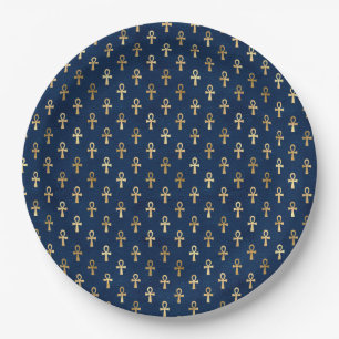 Gold and Blue Egyptian Ankh Pattern Paper Plate
