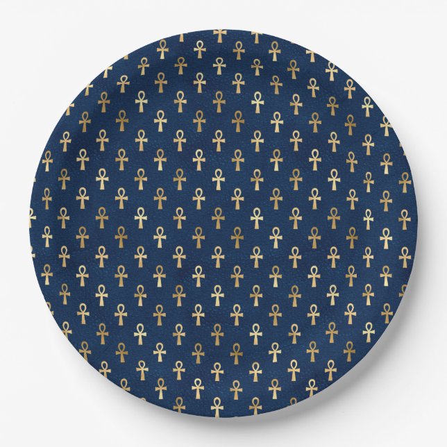Gold and Blue Egyptian Ankh Pattern  Paper Plate (Front)