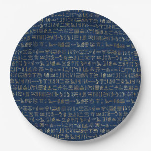 Gold and Blue Egyptian Hieroglyphs Pattern Paper Plate
