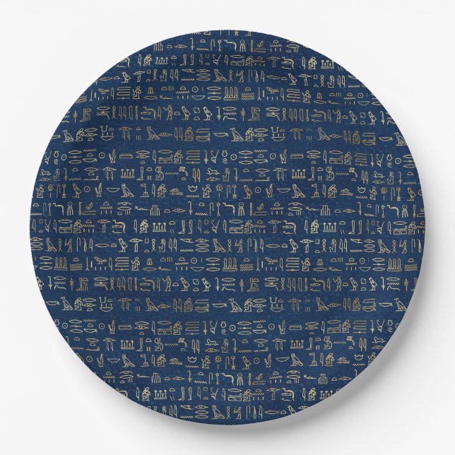 Gold and Blue Egyptian Hieroglyphs Pattern  Paper Plate (Front)