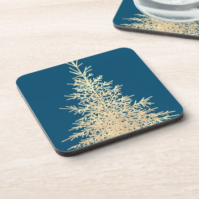 Gold and blue evergreen tree elegant winter coaster (Left Side)