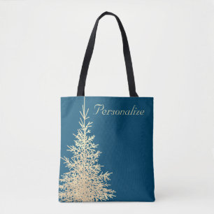 Gold and blue evergreen tree elegant winter damask tote bag