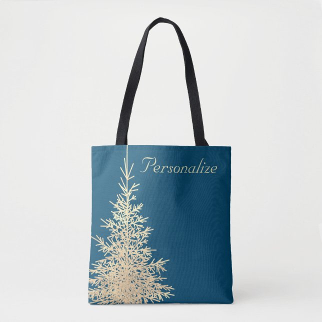 Gold and blue evergreen tree elegant winter damask tote bag (Front)