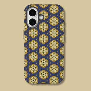 Gold and Blue Floral and Teardrop Pattern iPhone 16 Case