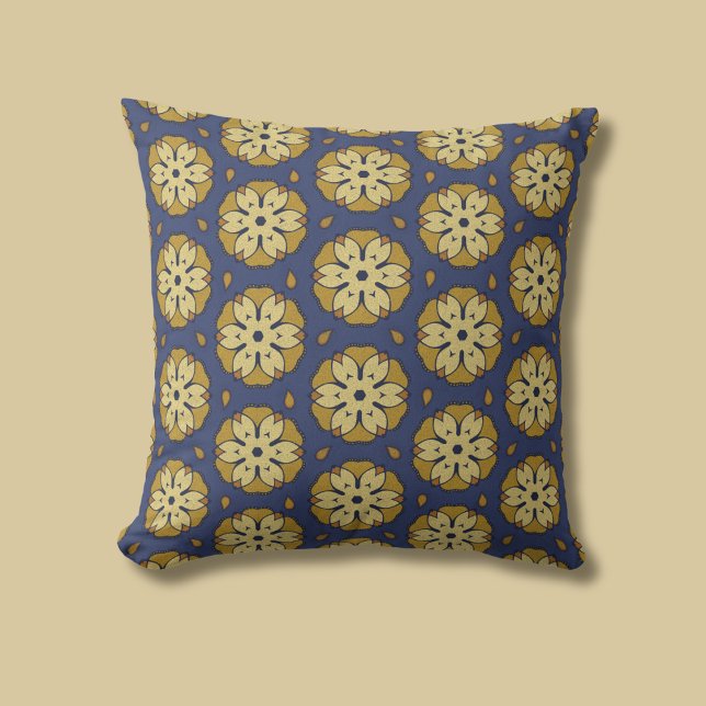 Gold and Blue Floral and Teardrop Pattern Cushion (Creator Uploaded)