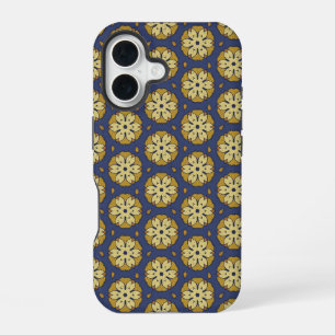 Gold and Blue Floral and Teardrop Pattern iPhone 16 Case