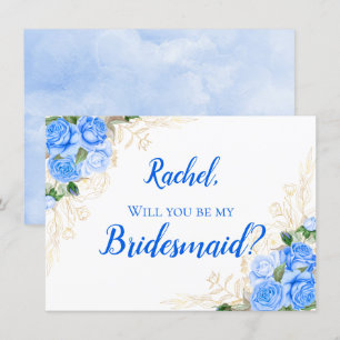 Gold and Blue Floral Roses Bridesmaid Invitation